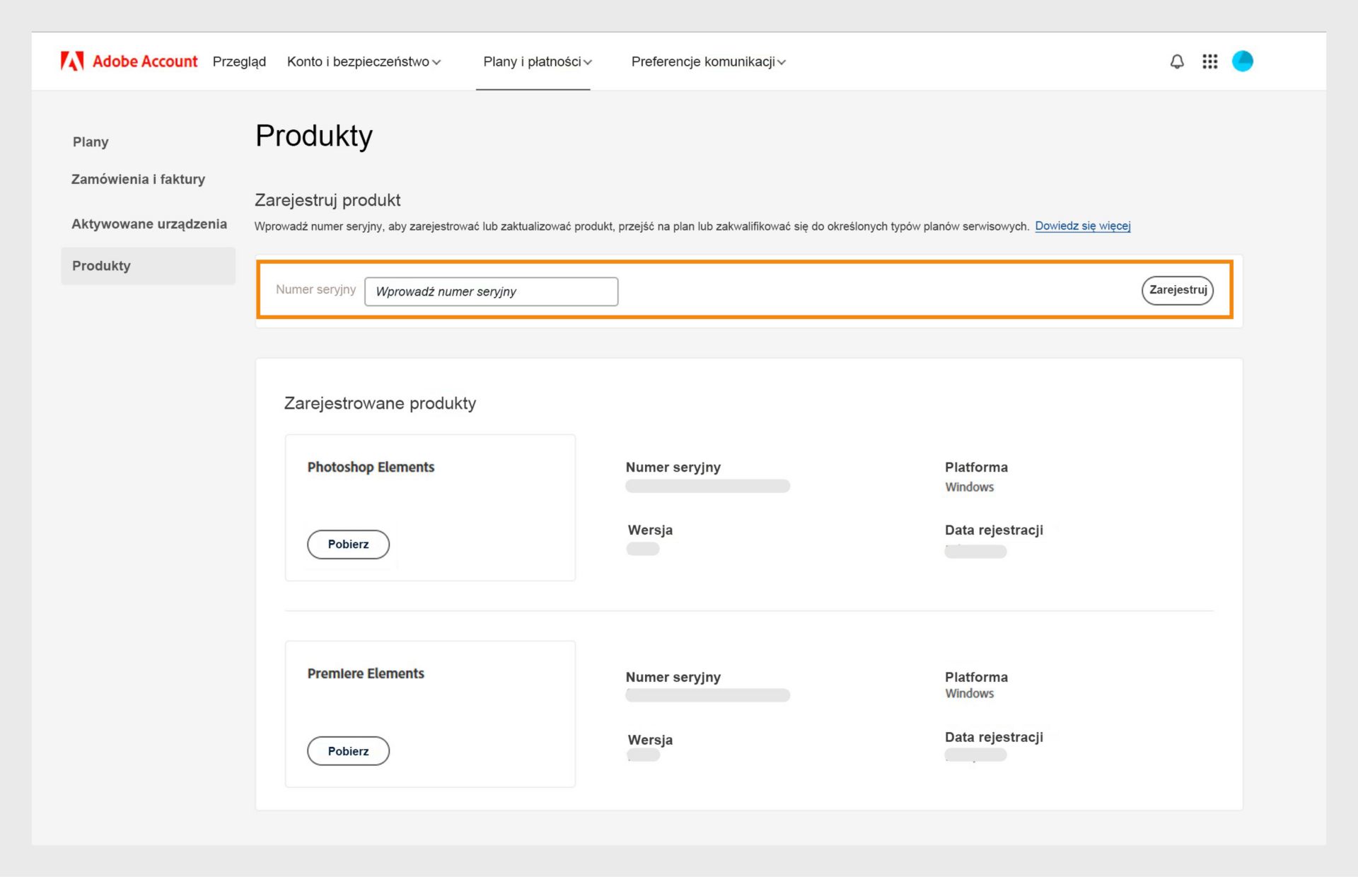 Pole Numer seryjny na stronie Produkty w koncie Adobe umożliwia rejestrację starszych wersji aplikacji bez subskrypcji.