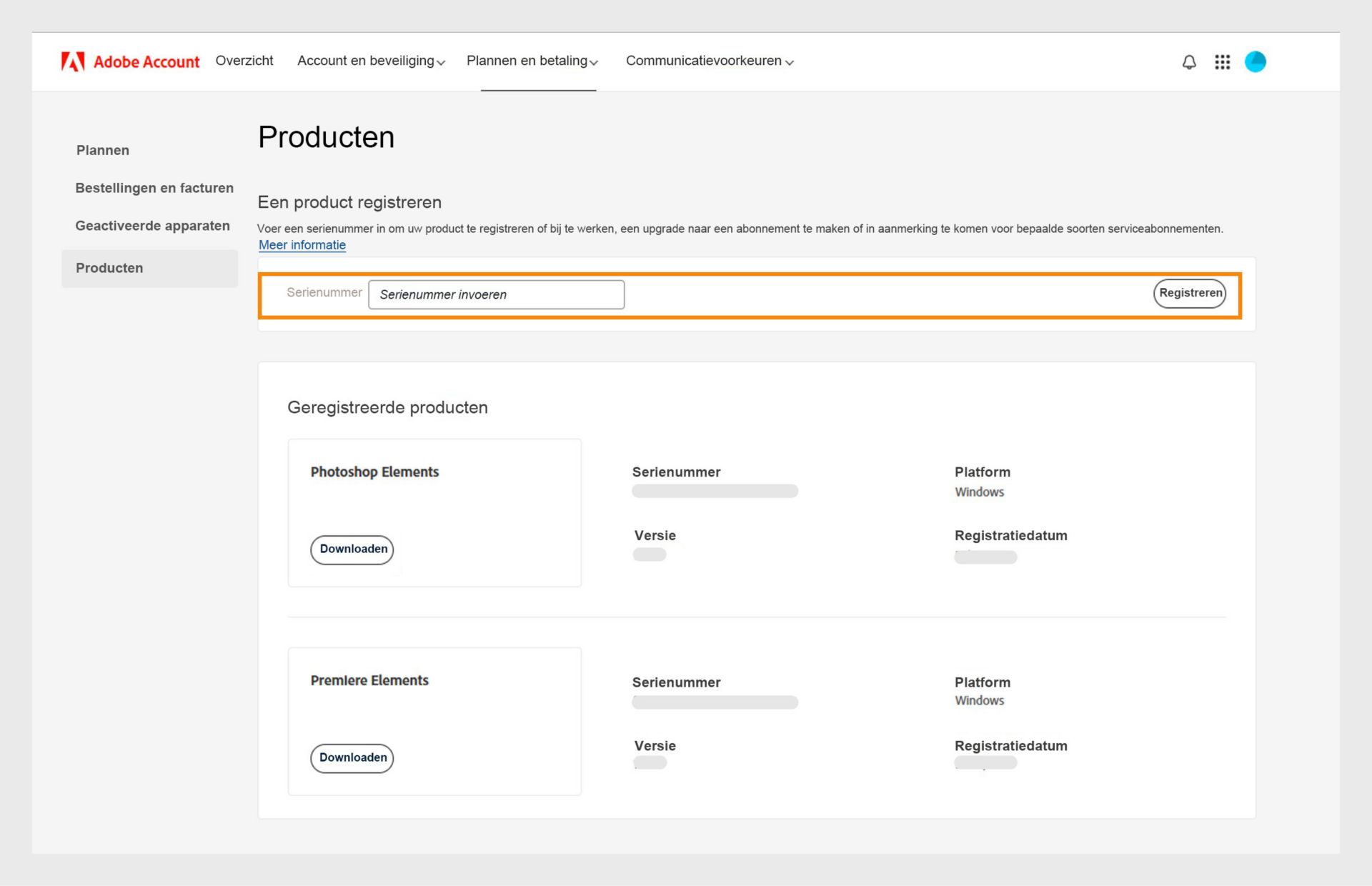 Met het veld Serienummer op de pagina Producten in uw Adobe-account kunt u eerdere versies van uw apps zonder lidmaatschap registreren. 