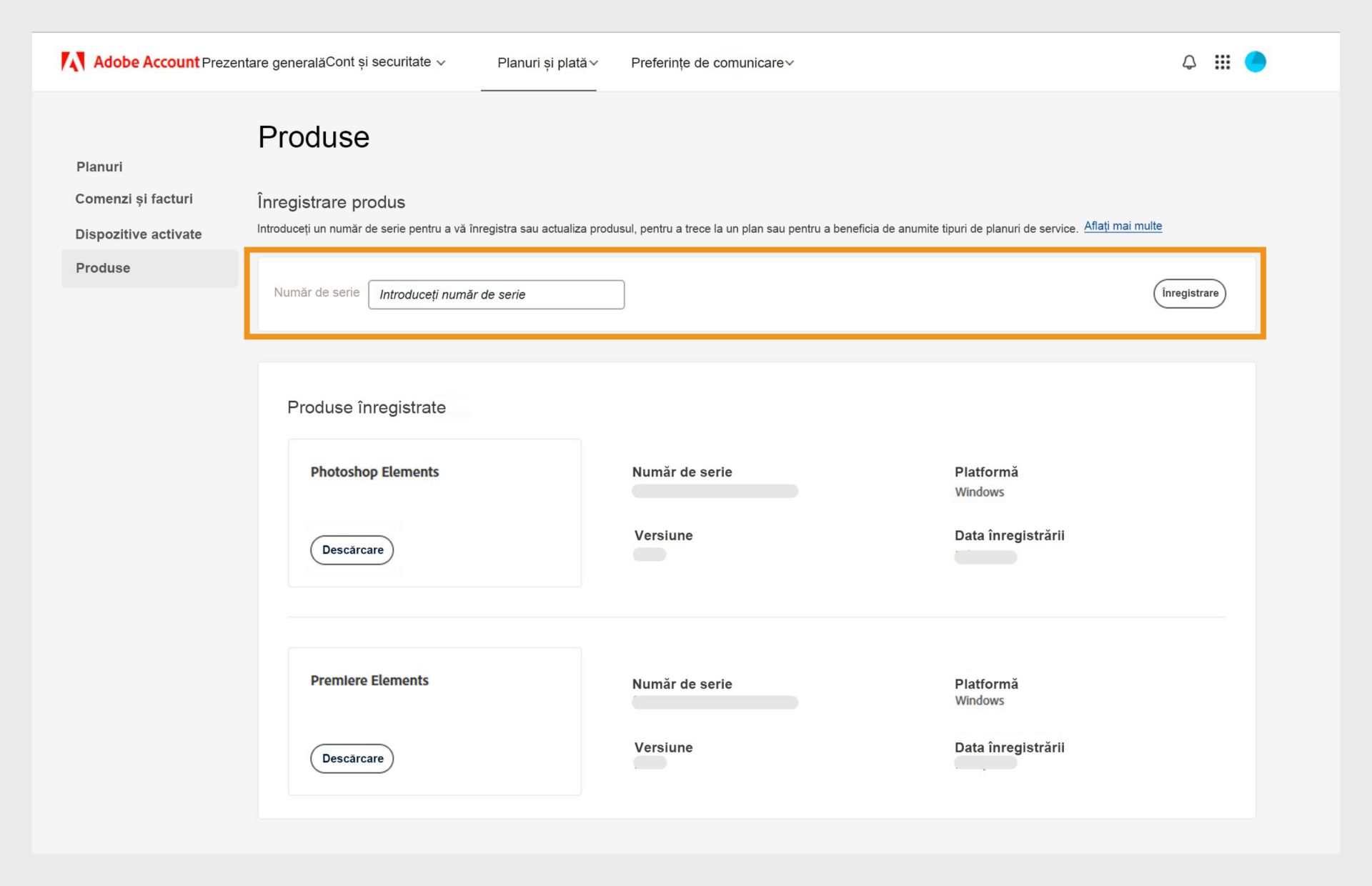 Câmpul Număr de serie de pe pagina Produse din contul dvs. Adobe vă permite să înregistrați versiuni mai vechi ale aplicațiilor dvs. care nu sunt bazate pe abonament.