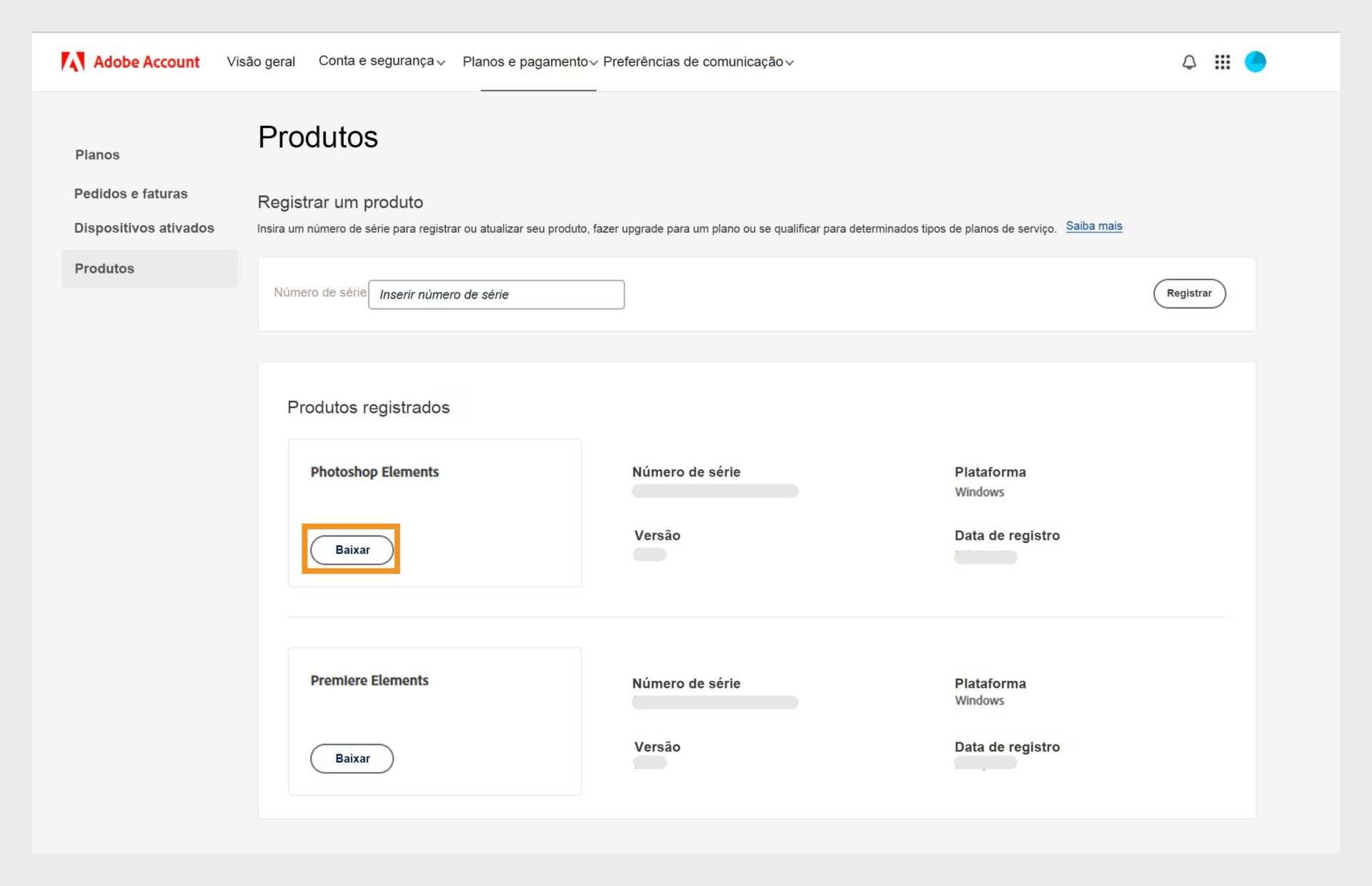 A seção Produtos registrados na página Produtos da sua conta Adobe mostra todos os aplicativos registrados e permite baixar e instalar o aplicativo.