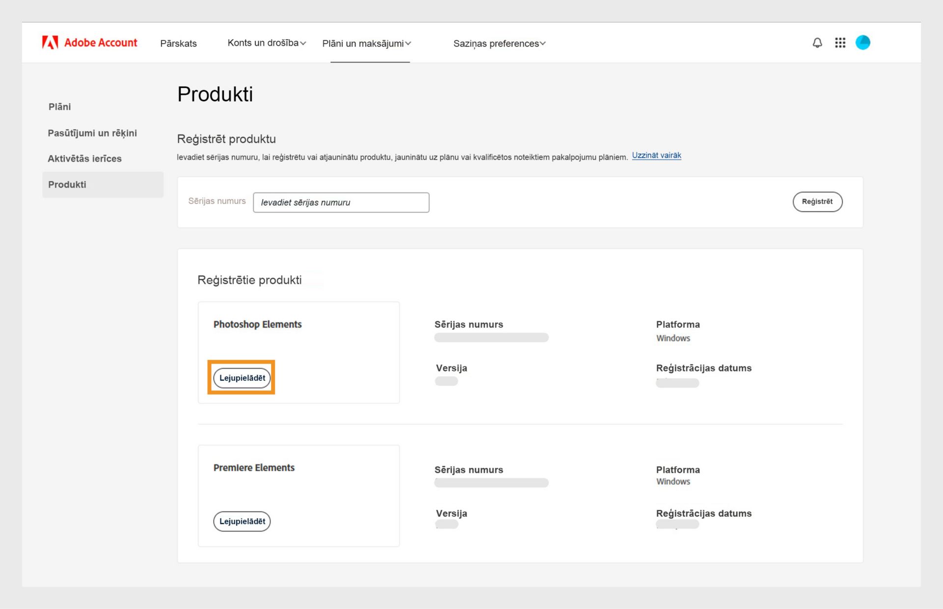Reģistrēto produktu sadaļa jūsu Adobe konta Produktu lapā parāda visas reģistrētās lietotnes un ļauj jums lejupielādēt un instalēt lietotni.