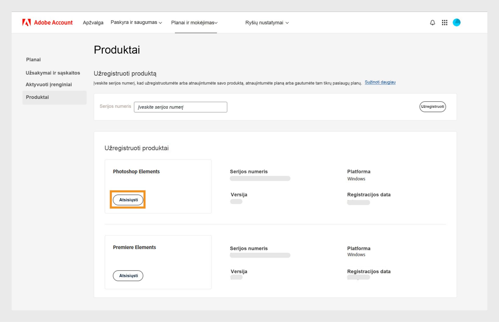 „Adobe“ paskyros puslapyje „Produktai“ esančiame skyriuje „Registruoti produktai“ rodomos visos registruotos programos, jame galima atsisiųsti bei įdiegti programą.