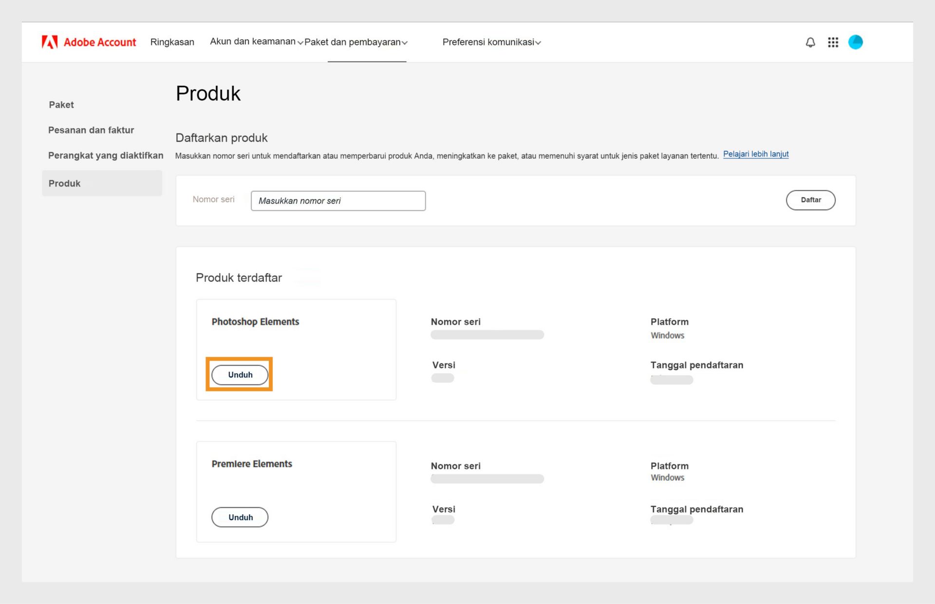 Bagian Produk terdaftar di halaman Produk Akun Adobe Anda menampilkan semua aplikasi yang terdaftar, dan memungkinkan Anda untuk mengunduh dan menginstal aplikasi tersebut.