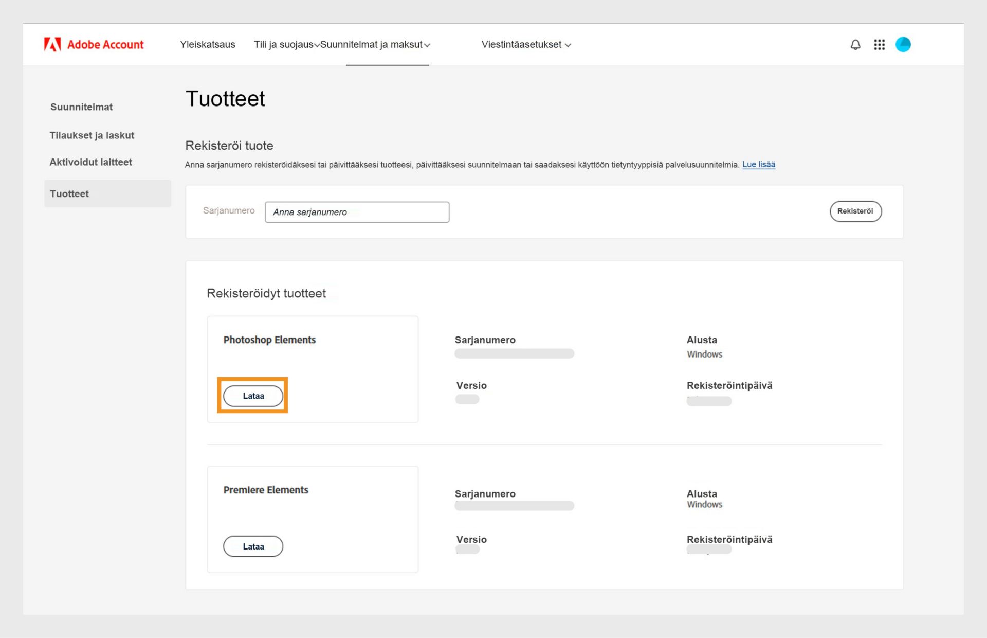 Adobe-tilisi Tuotteet-sivun Rekisteröidyt tuotteet -osiossa näkyvät kaikki rekisteröidyt sovellukset, ja voit ladata ja asentaa sovelluksen sieltä.
