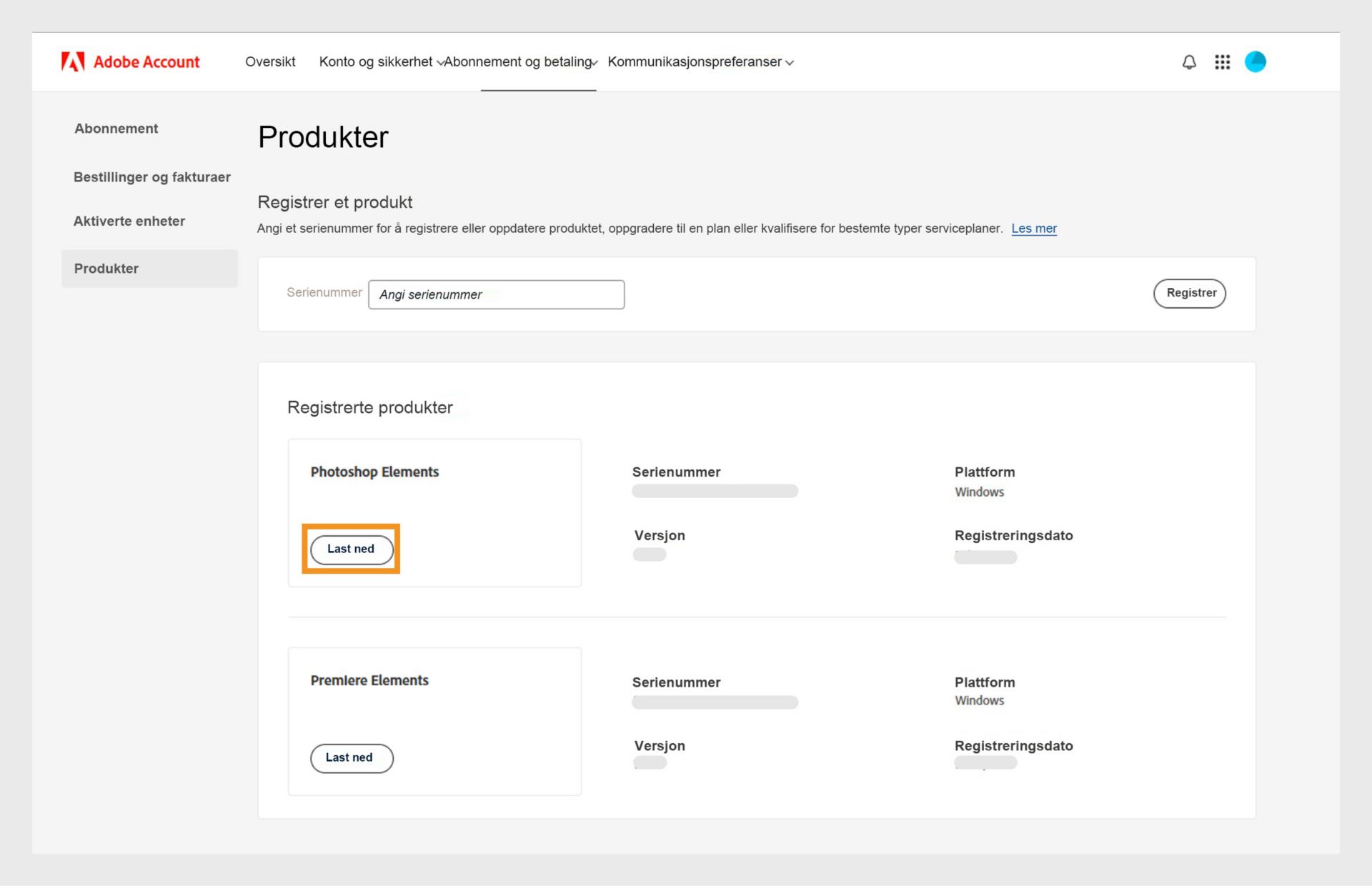 Delen Registrerte produkter på Produkter-siden i Adobe-kontoen din viser alle de registrerte appene, og lar deg laste ned og installere appen.