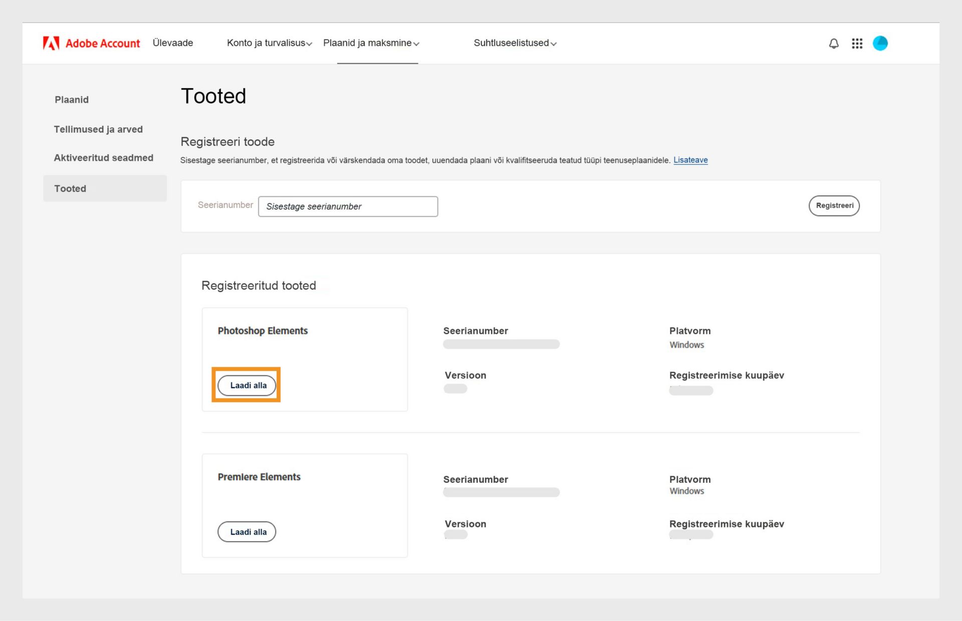 Teie Adobe konto toodete lehe jaotis Registreeritud tooted näitab kõiki registreeritud rakendusei ning võimaldab teil rakendust alla laadida ja installida.