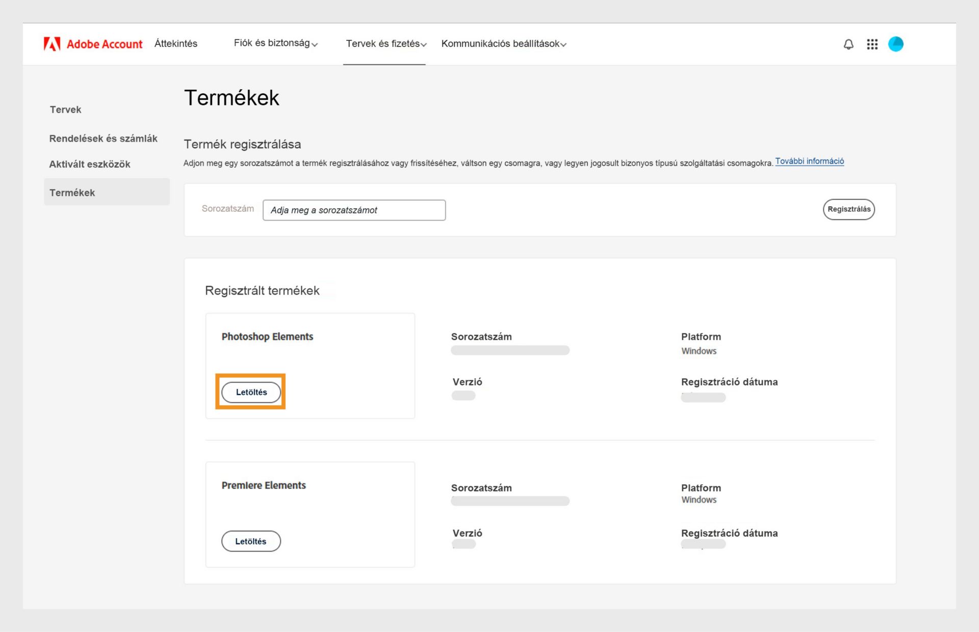 Az Adobe-fiókja Termékek oldalán található Regisztrált termékek szakasz mutatja az összes regisztrált alkalmazást, és lehetővé teszi az alkalmazás letöltését és telepítését.