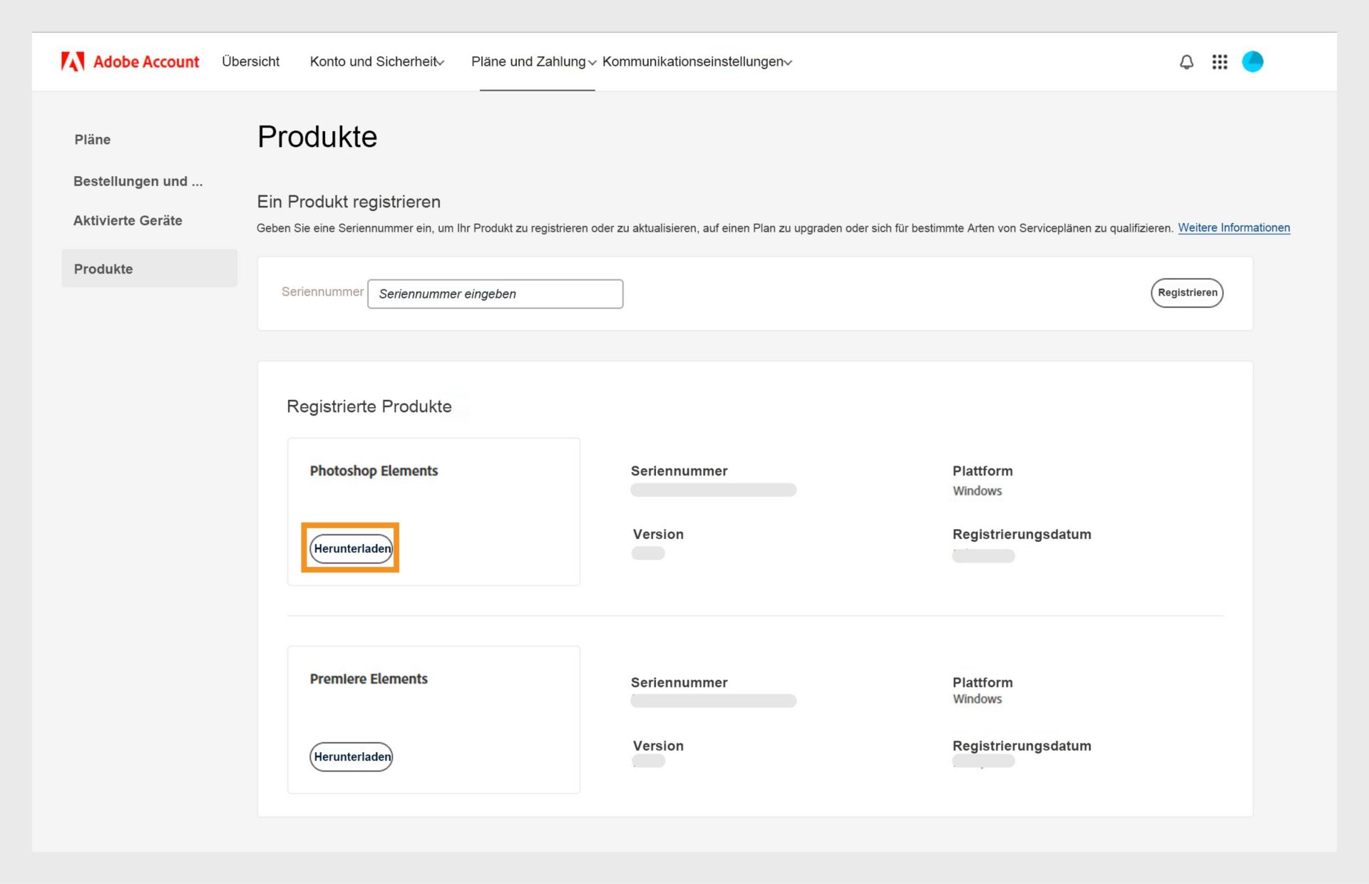 Im Abschnitt &quot;Registrierte Produkte&quot; auf der Seite &quot;Produkte&quot; Ihres Adobe-Kontos werden alle registrierten Anwendungen angezeigt, und Sie können die Anwendung herunterladen und installieren.