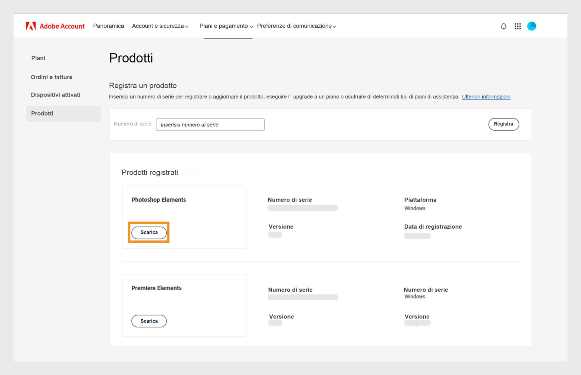 La sezione Prodotti registrati nella pagina Prodotti del tuo account Adobe mostra tutte le applicazioni registrate e ti consente di scaricare e installare l’applicazione.