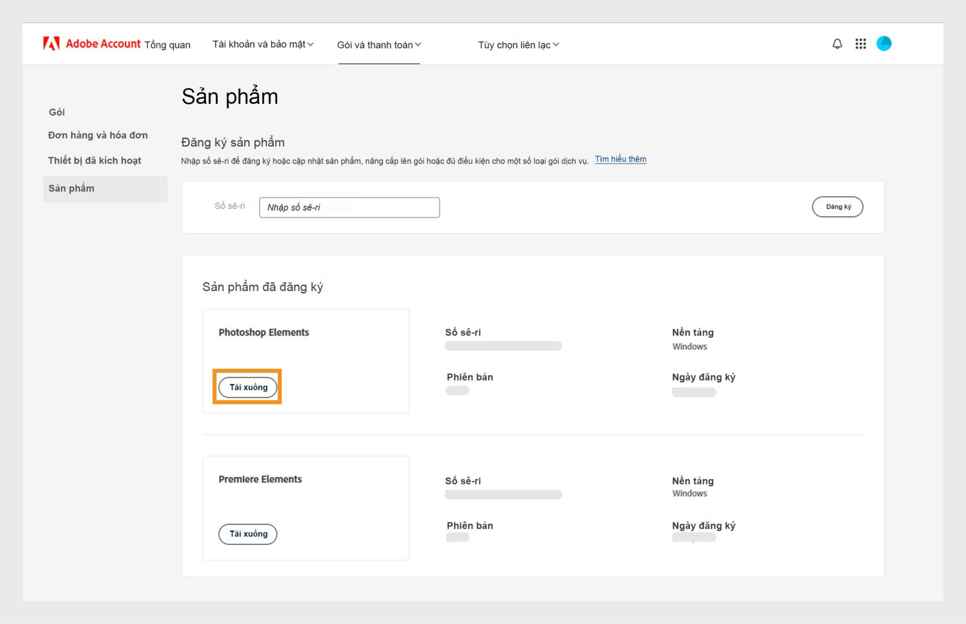 Phần Sản phẩm đã đăng ký trong trang Sản phẩm của Tài khoản Adobe của bạn hiển thị tất cả các ứng dụng đã đăng ký và cho phép bạn tải xuống và cài đặt ứng dụng.