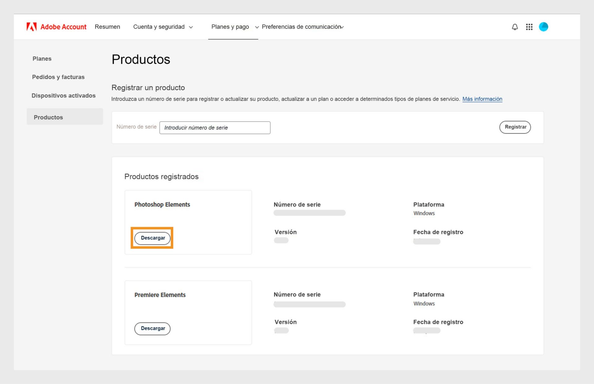 La sección Productos registrados en la Página de productos de su cuenta de Adobe muestra todas las aplicaciones registradas y le permite descargar e instalar la aplicación.