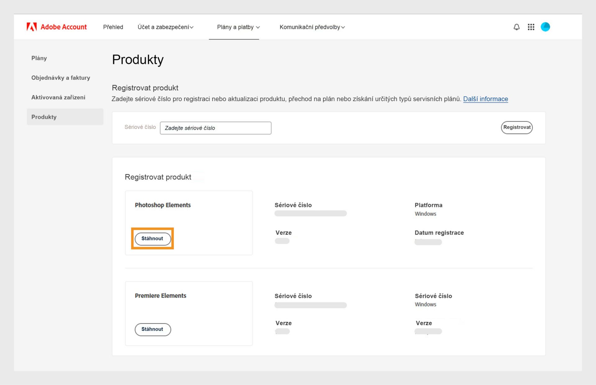 Část Registrované produkty na stránce Produkty ve vašem účtu Adobe zobrazuje všechny registrované aplikace a umožňuje vám stáhnout a nainstalovat aplikaci.