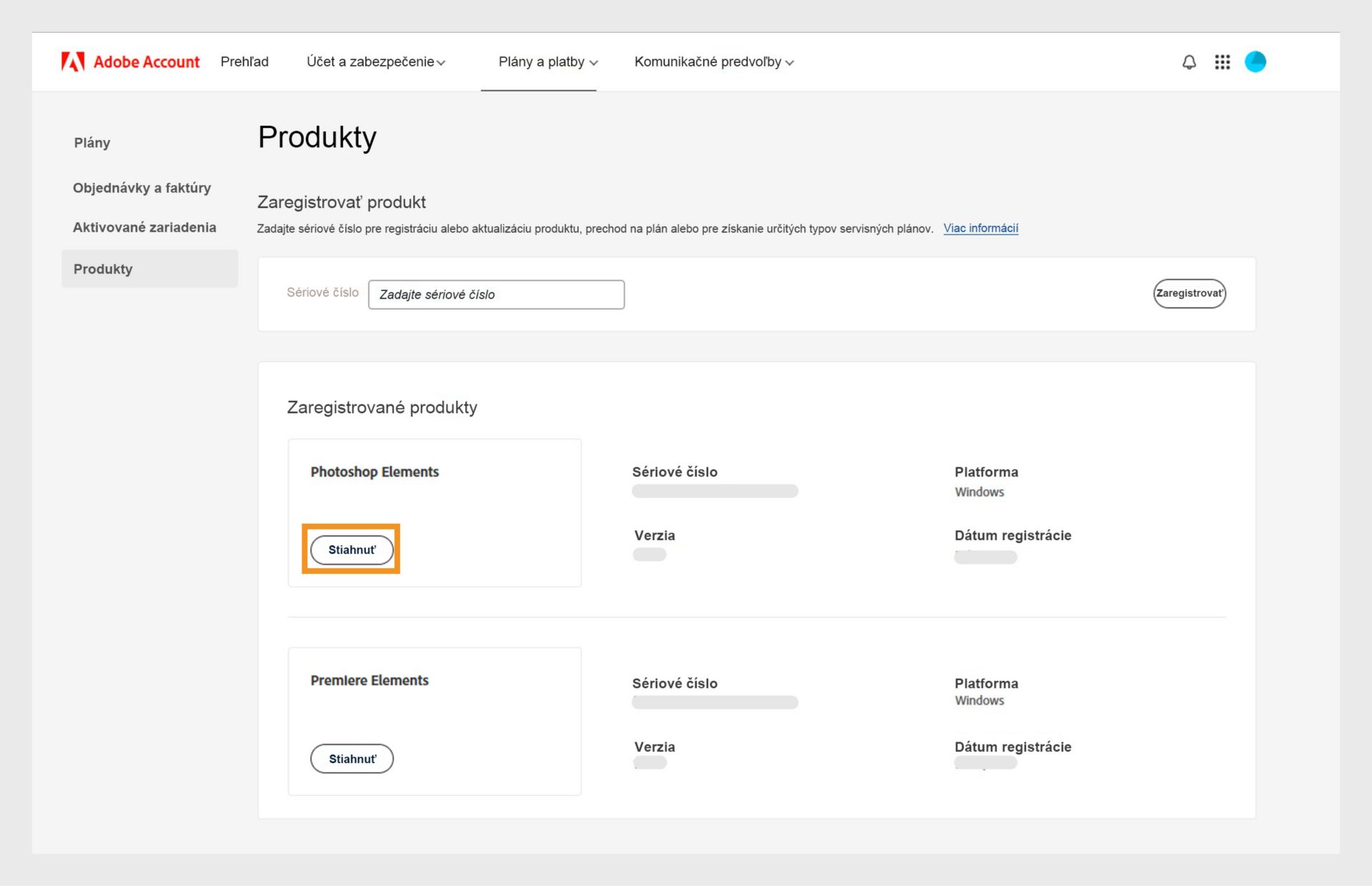 Časť Registrované produkty na stránke Produkty vo vašom konte Adobe zobrazuje všetky registrované aplikácie a umožňuje vám stiahnuť a nainštalovať aplikáciu.