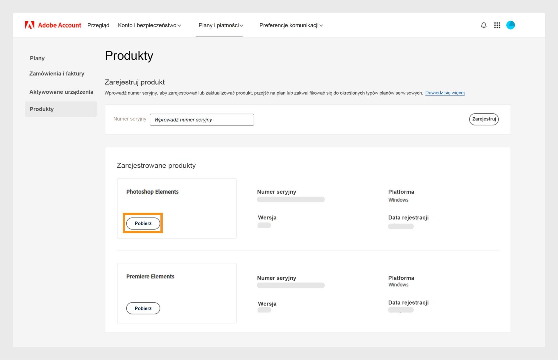 Sekcja Zarejestrowane produkty na stronie Produkty w koncie Adobe pokazuje wszystkie zarejestrowane aplikacje i umożliwia pobranie oraz zainstalowanie aplikacji.