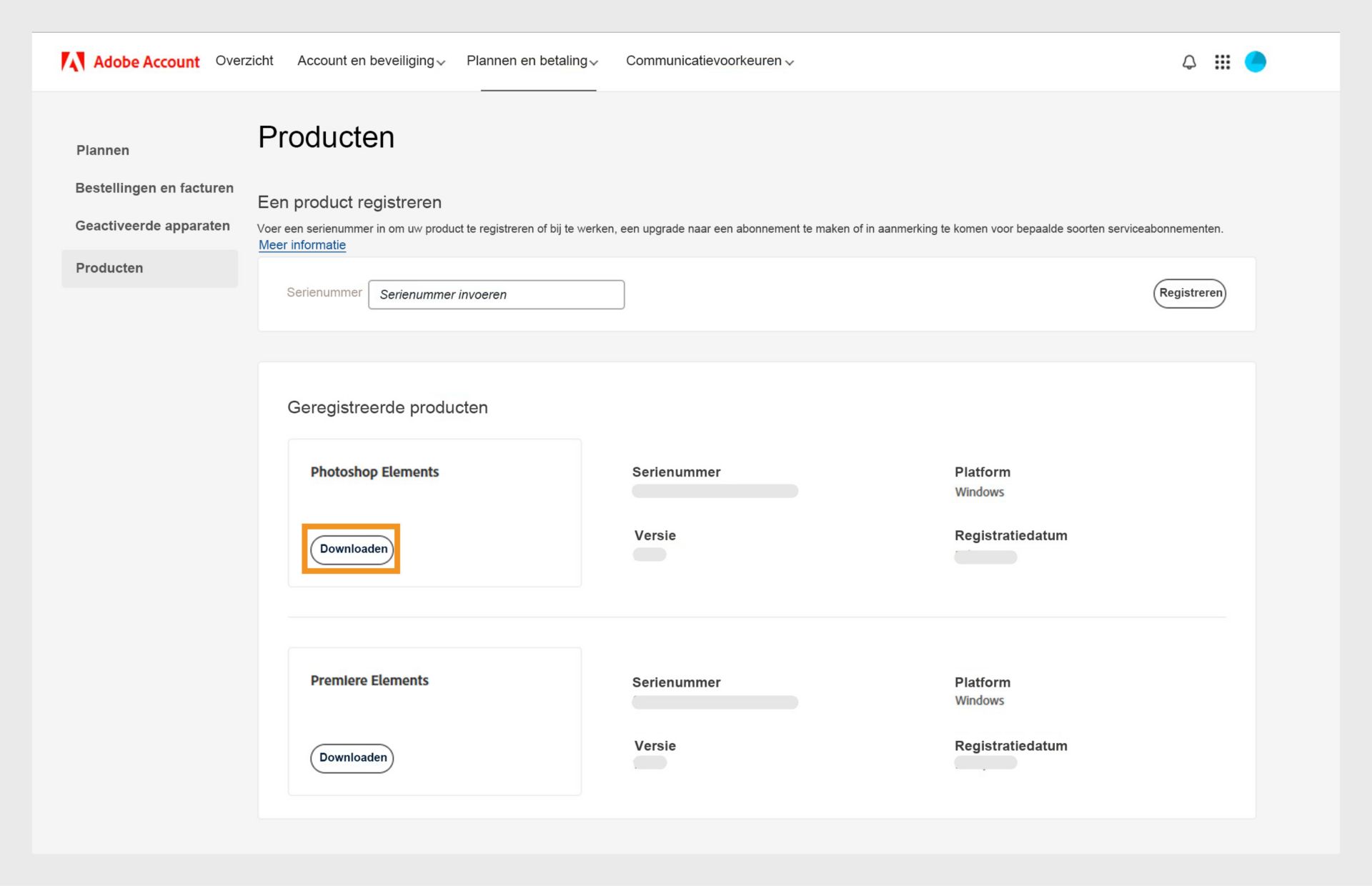 In het gedeelte Geregistreerde producten op de pagina Producten in uw Adobe-account worden alle geregistreerde apps weergegeven en kunt u de app downloaden en installeren.