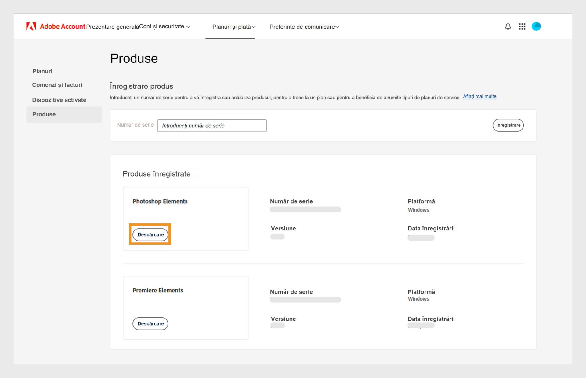Secțiunea Registered products din pagina Products a contului Adobe arată toate aplicațiile înregistrate și vă permite să descărcați și să instalați aplicația.