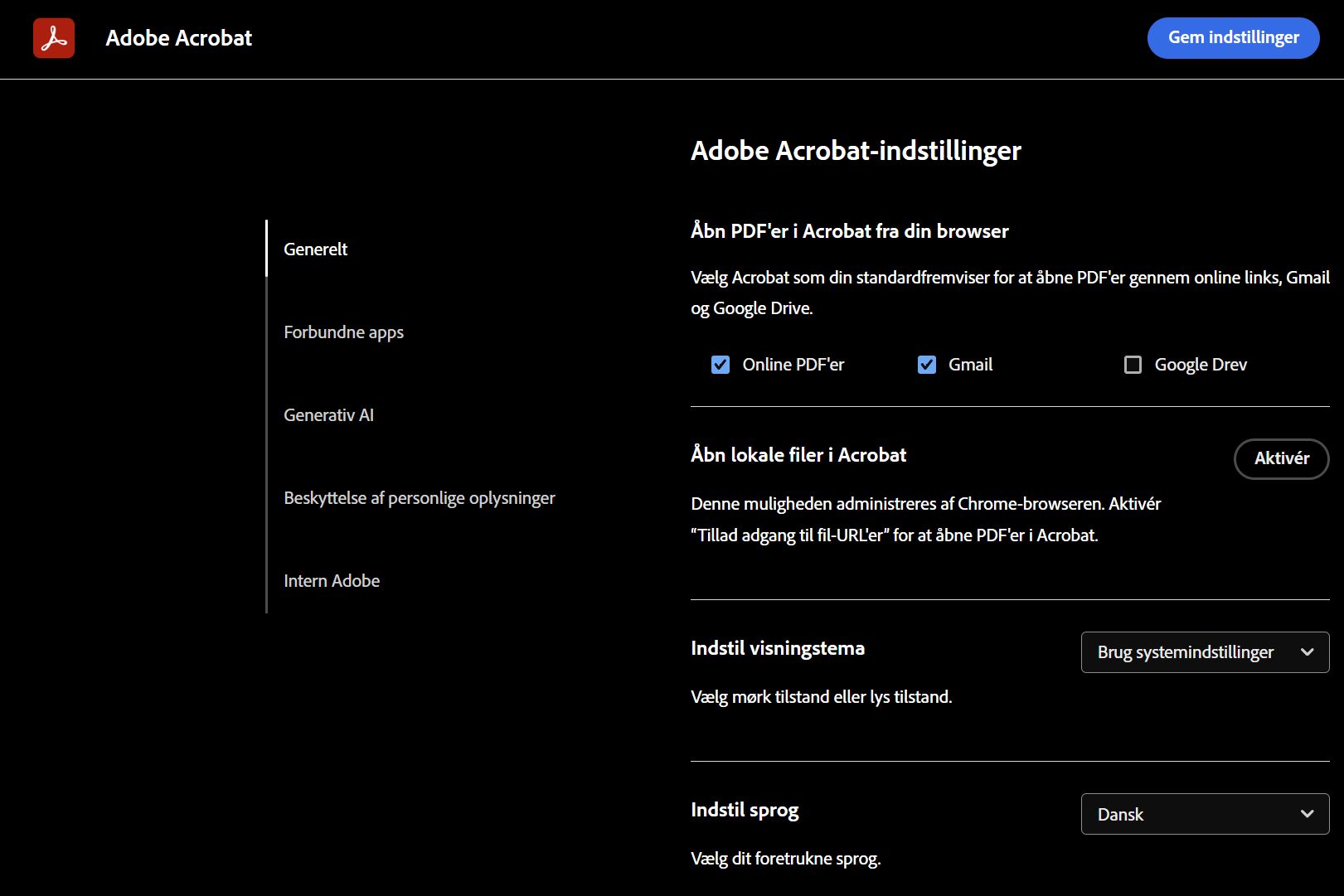 Siden Adobe Acrobat Indstillinger der viser indstillinger til at vælge Acrobat som standardfremviser for PDF'er fra onlinelinks, Gmail og Google Drev.