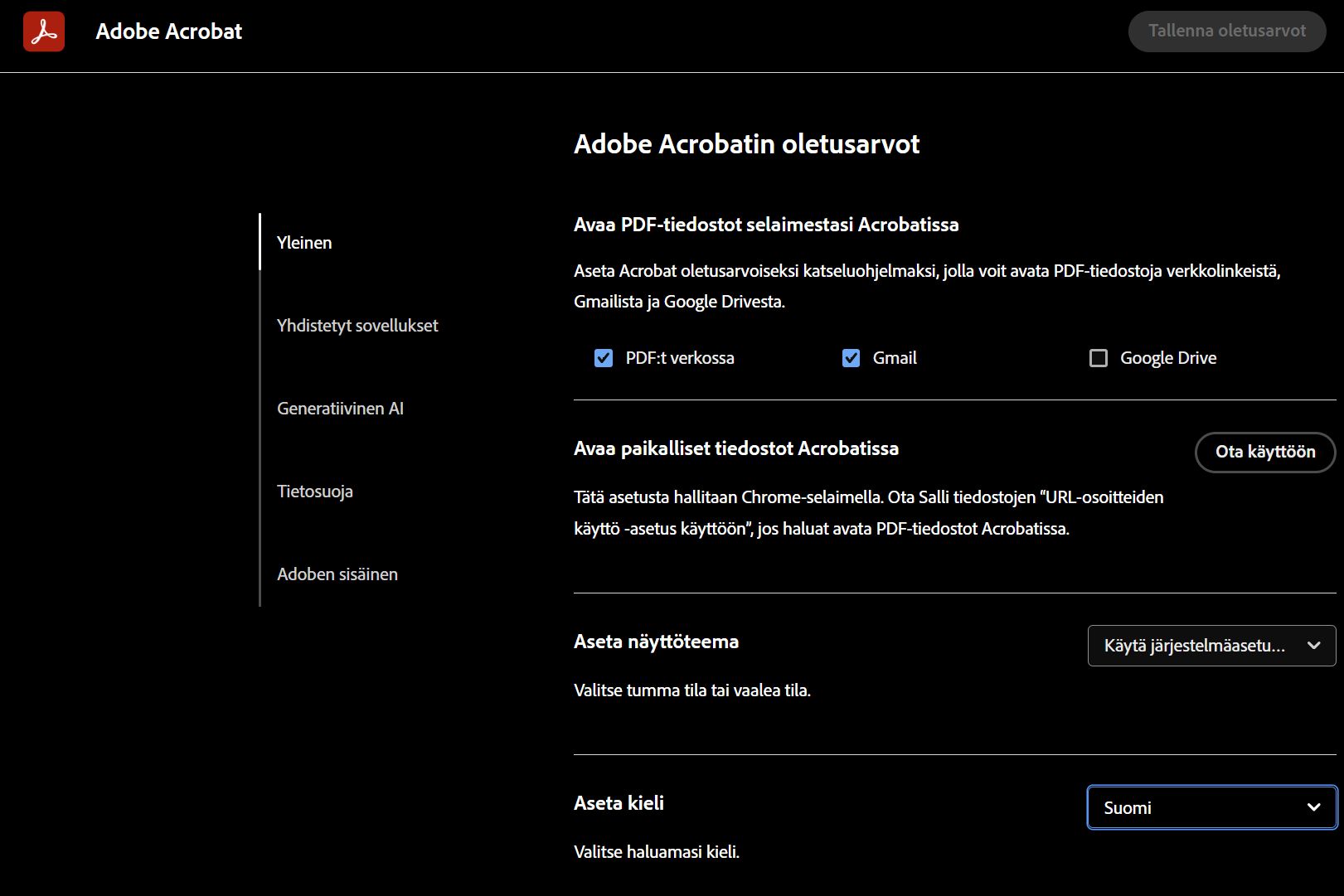 Adobe Acrobatin asetussivu, jossa näkyvät vaihtoehdot Acrobatin määrittämiseksi PDF-tiedostojen oletuskatseluohjelmaksi verkkolinkeistä, Gmailista ja Google Drivestä.