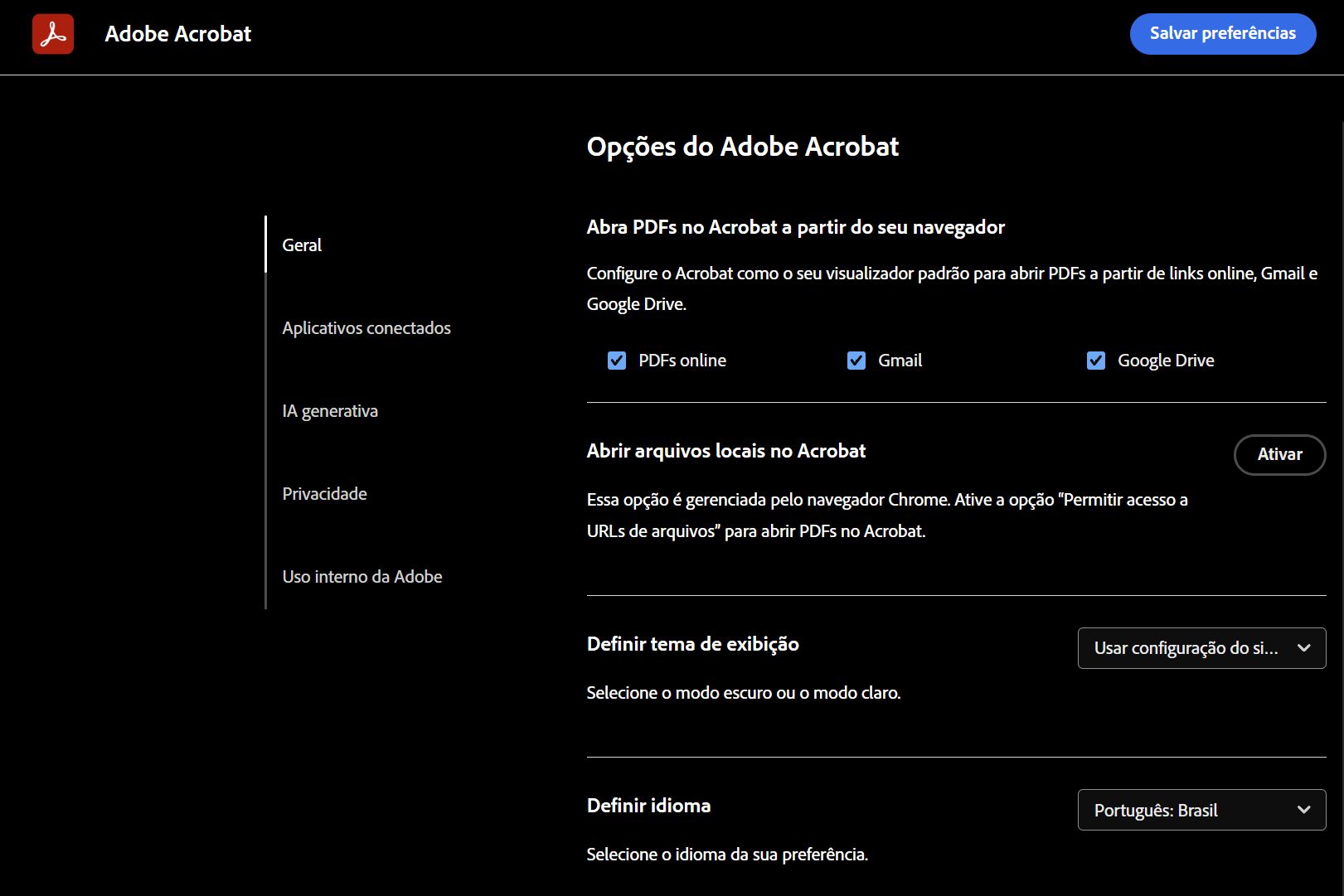 Página Preferências do Adobe Acrobat mostrando opções para definir o Acrobat como o visualizador padrão para PDFs de links online, Gmail e Google Drive.