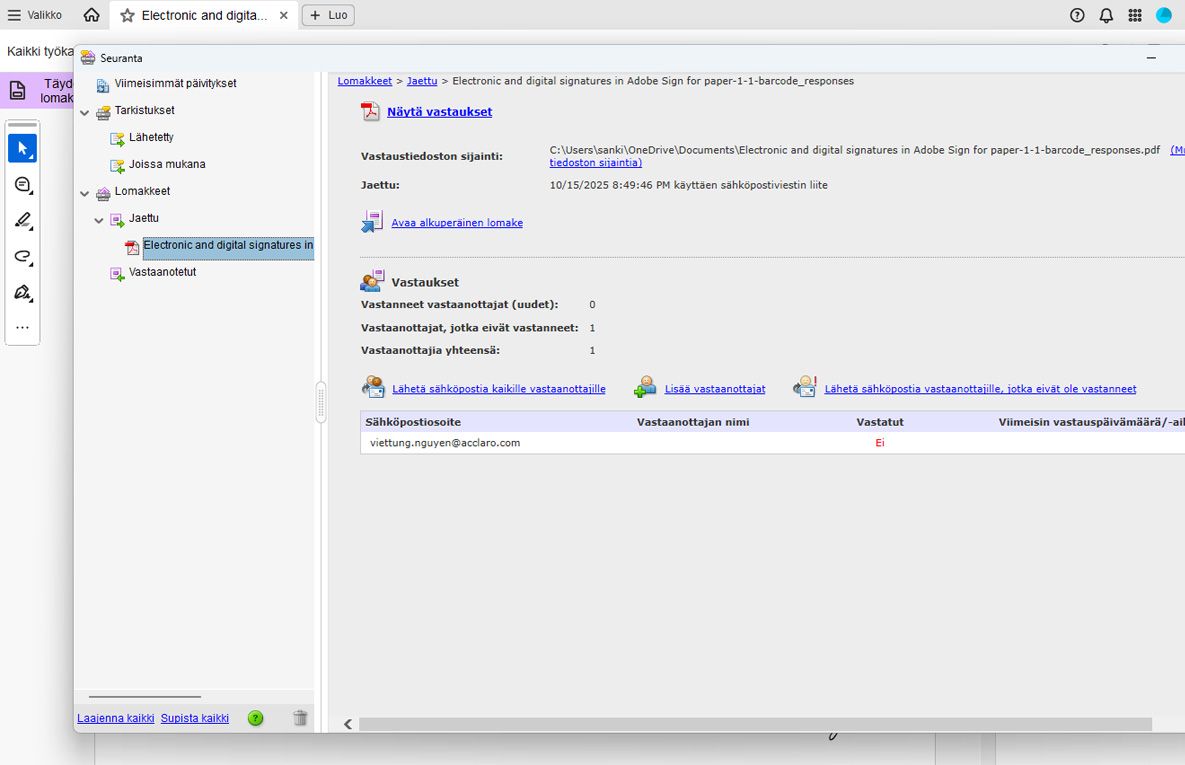 Adobe Acrobat Tracker -käyttöliittymä näyttää jaetun lomakkeen vastaustilan. Se näyttää vastaanottajien tiedot, vastausten seurannan ja vaihtoehdot sähköpostin lähettämiseen tai vastaanottajien lisäämiseen.