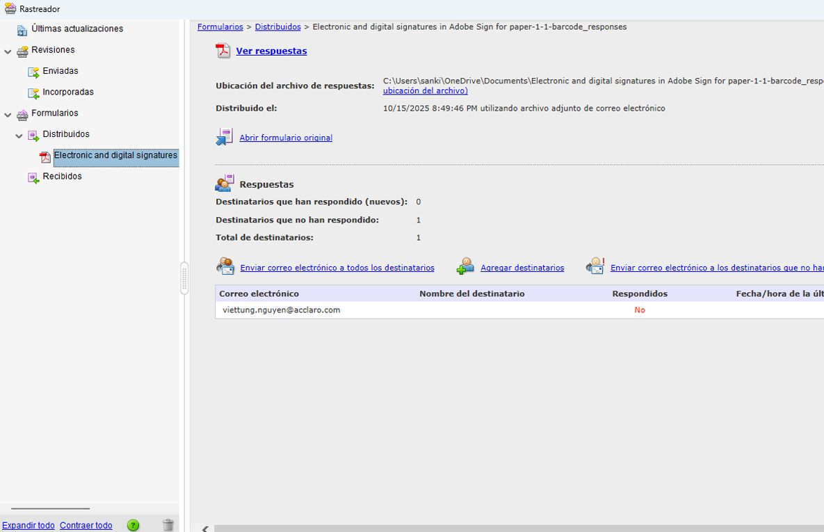 Interfaz de Adobe Acrobat Tracker que muestra el estado de respuesta de un formulario distribuido. Muestra detalles del destinatario, seguimiento de respuestas y opciones para enviar correos electrónicos o añadir destinatarios.