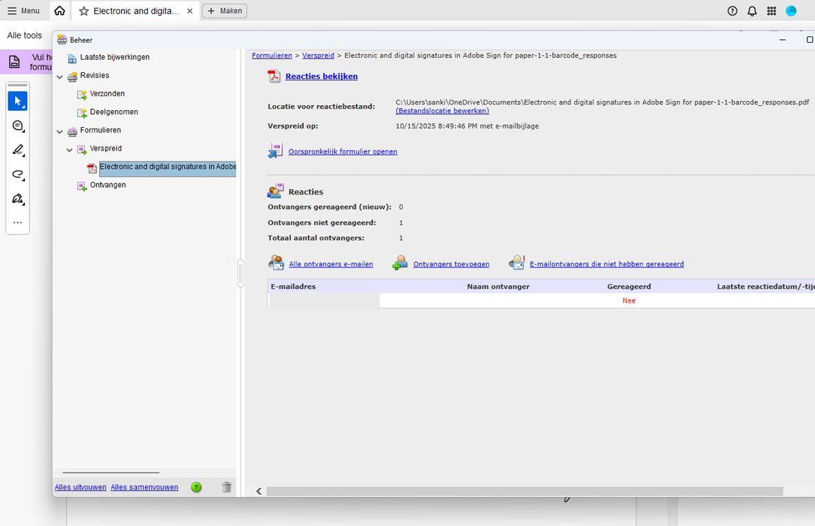 Adobe Acrobat Tracker-interface met de responsstatus van een verspreid formulier. Het toont de gegevens van de ontvanger, het bijhouden van reacties en opties om ontvangers te e-mailen of toe te voegen.