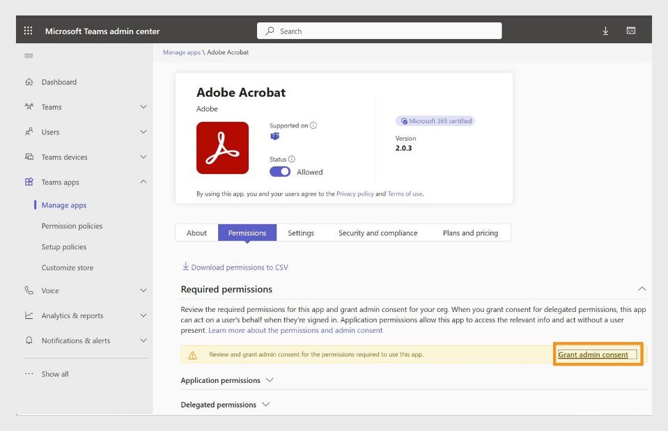 Adobe Acrobat 앱 페이지에 필수 권한 세부 사항이 표시됩니다. '관리자 동의 부여' 버튼이 강조됩니다. 