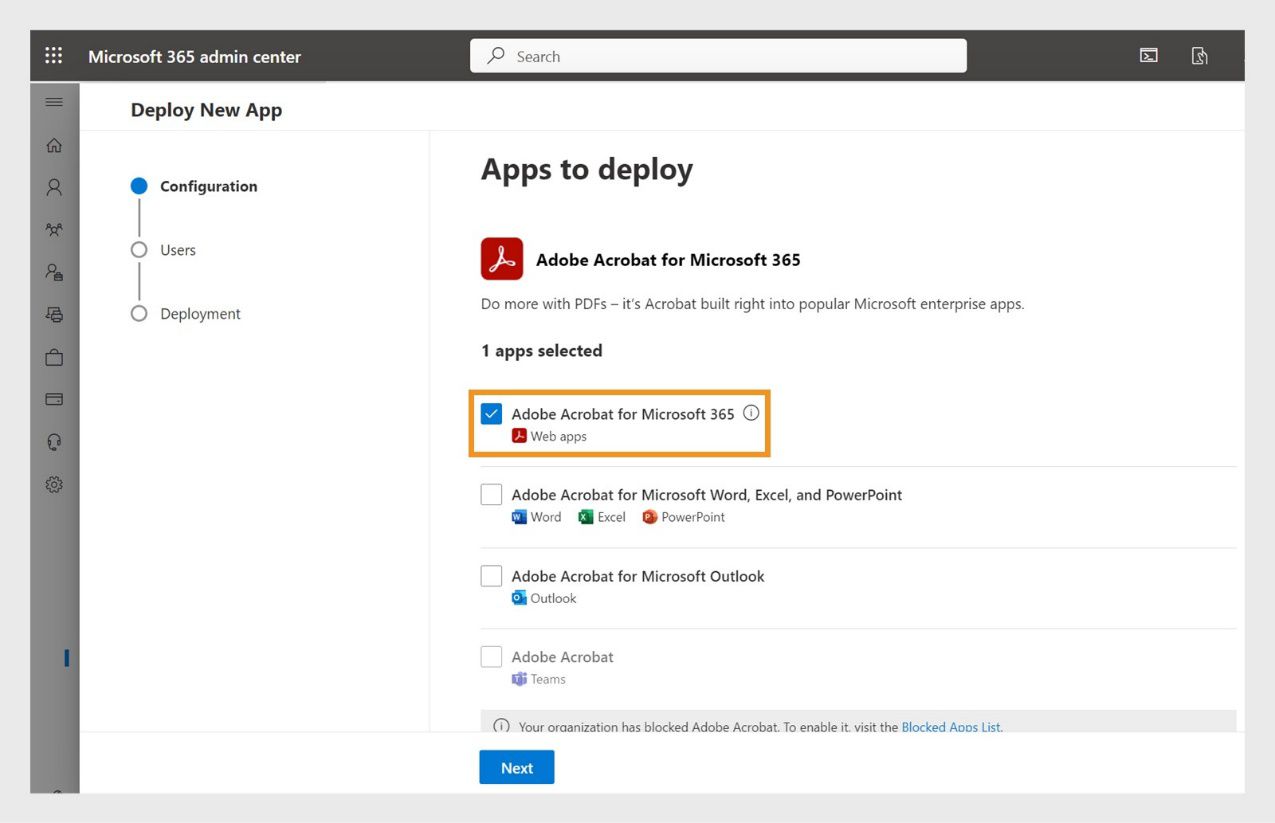 V seznamu jsou uvedeny aplikace Adobe Acrobat, které mají být nasazeny. Políčko pro aplikaci „Adobe Acrobat for Microsoft 365“ je zaškrtnuté a zvýrazněné. 