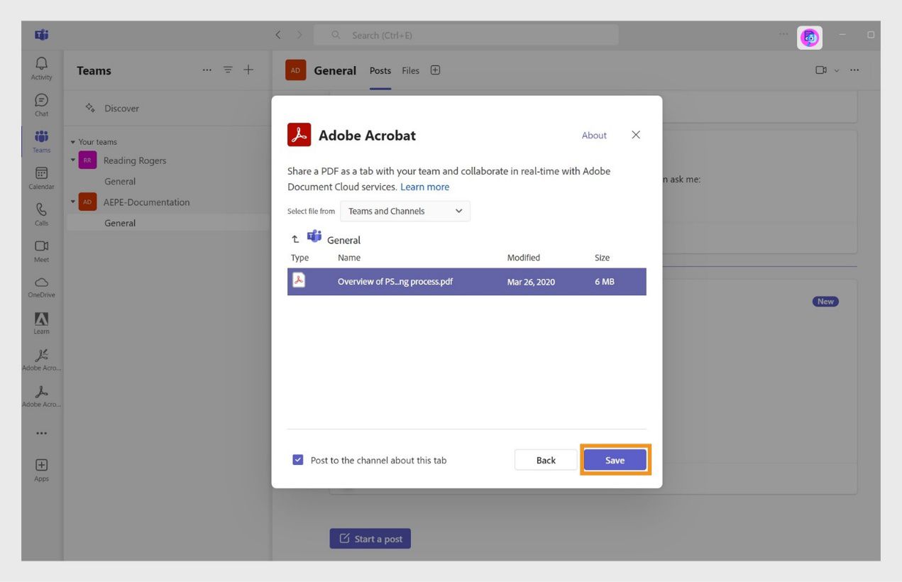 Adobe Acrobat iletişim kutusu, paylaşılacak dosyayı seçme seçeneklerini gösterir. Kaydet düğmesi turuncu renkle vurgulanmıştır.