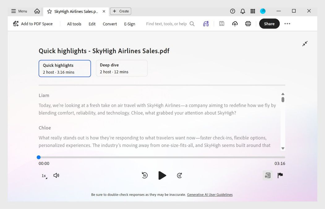Adobe Acrobat -dokumentin podcast-näkymässä näytetään tekstiversio sekä toiston, nopeuden, äänenvoimakkuuden ja äänitiedostossa siirtymisen ohjaimet.