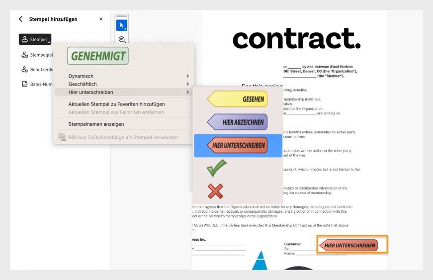 Die Adobe Acrobat-Benutzeroberfläche zeigt eine PDF-Datei mit dem Titel „Vertrag“ an. Das Stempelwerkzeug ist geöffnet und ein sichtbarer Stempel „Hier unterzeichnen“ ist auf dem Dokument platziert.