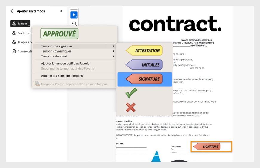 Interface d’Adobe Acrobat montrant un PDF intitulé « Contract » avec l’outil Tampon ouvert et un tampon « Signer ici » visible placé sur le document.