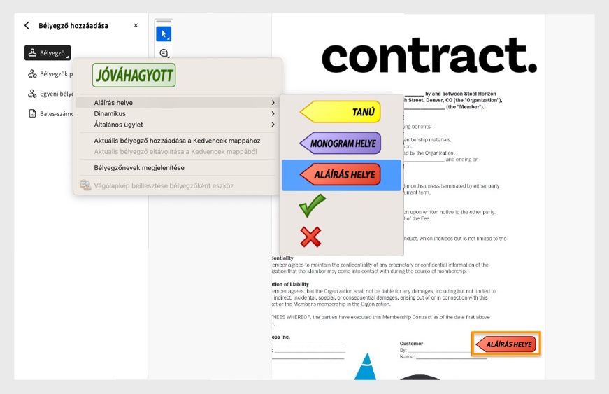 Az Adobe Acrobat felülete egy „Szerződés” című PDF-et mutat, amelyben a Bélyegző eszköz nyitva van, és egy látható „Itt írja alá” bélyegző el van helyezve a dokumentumon.