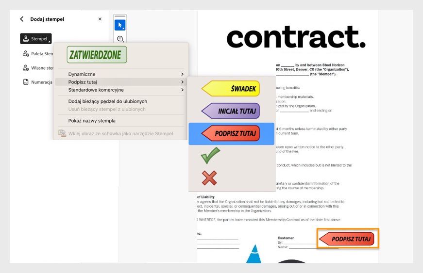 Interfejs programu Adobe Acrobat pokazujący plik PDF zatytułowany „Umowa” z otwartym narzędziem Stempel i widocznym stemplem „Podpisz tutaj” umieszczonym na dokumencie.