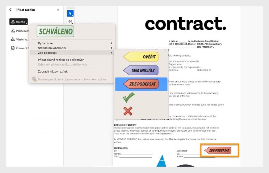 Rozhraní aplikace Adobe Acrobat zobrazující PDF s názvem „Smlouva&quot; s otevřeným nástrojem Razítko a viditelným razítkem „Podepište zde&quot; umístěným na dokumentu.