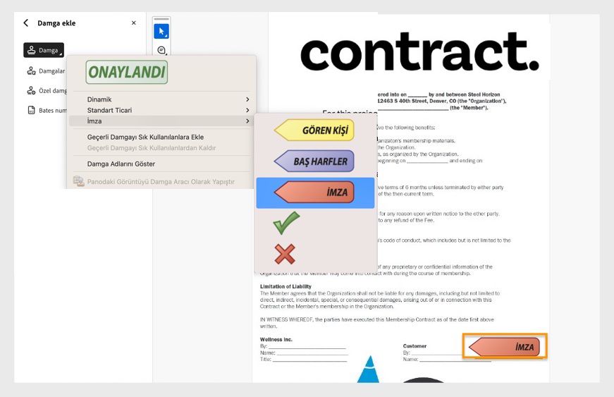 Damga aracı açık olan ve belgeye yerleştirilmiş görünür bir &quot;Burayı İmzalayın&quot; damgası bulunan &quot;Sözleşme&quot; başlıklı bir PDF'i gösteren Adobe Acrobat arayüzü.