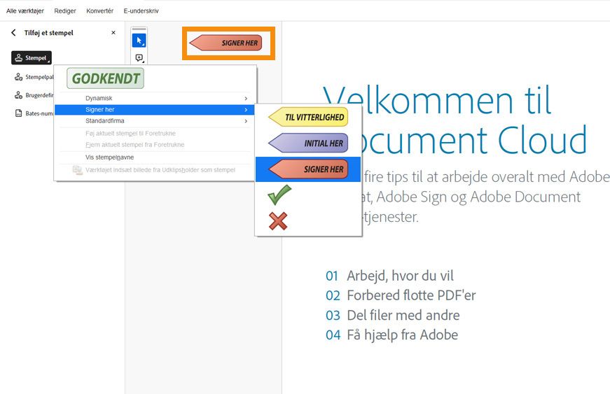Adobe Acrobat-grænseflade, der viser en PDF med titlen &quot;Kontrakt&quot; med værktøjet Stempel åbent og et synligt &quot;Underskriv her&quot;-stempel placeret på dokumentet.