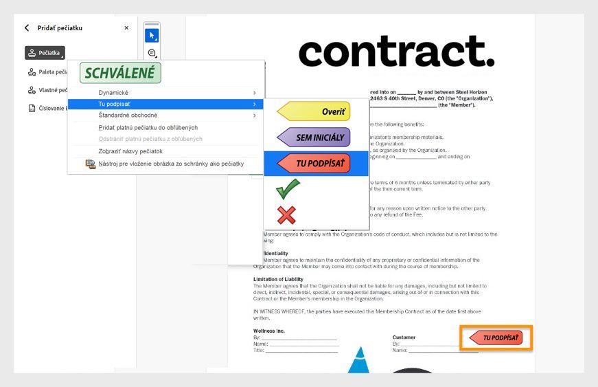Rozhranie programu Adobe Acrobat zobrazujúce PDF s názvom &quot;Contract&quot; s otvoreným nástrojom Pečiatka a viditeľnou pečiatkou &quot;Sign Here&quot; umiestnenou na dokumente.