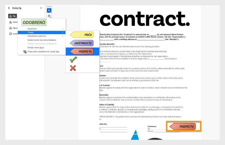 Vmesnik programa Adobe Acrobat prikazuje PDF z naslovom »Pogodba«, odprto orodje za žige in viden žig »Podpišite tukaj« na dokumentu.