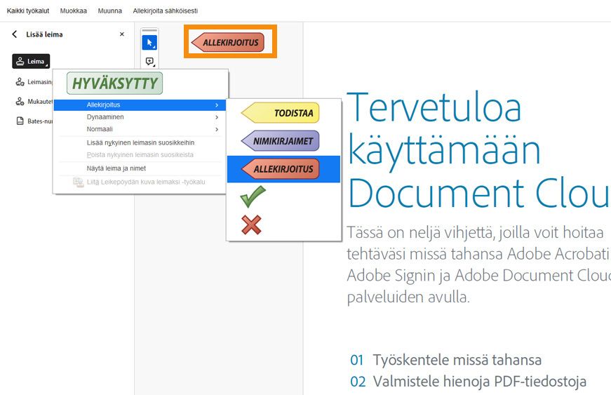Adobe Acrobat -käyttöliittymässä näkyy Sopimus-niminen PDF-tiedosto. Leimatyökalu on auki, ja asiakirjaan on lisätty näkyvä Allekirjoita tähän -leima.