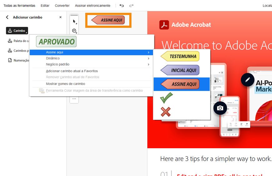 Interface do Adobe Acrobat mostrando um PDF intitulado “Contrato” com a ferramenta Carimbo aberta e um carimbo “Assine aqui” visível colocado no documento.