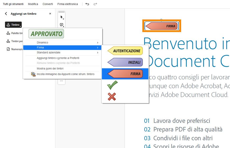 Interfaccia di Adobe Acrobat che mostra un PDF intitolato &quot;Contratto&quot; con lo strumento Timbro aperto e un timbro &quot;Firma qui&quot; visibile posizionato sul documento.