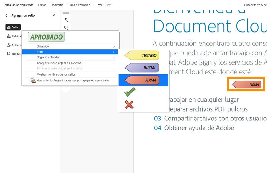 Interfaz de Adobe Acrobat que muestra un PDF titulado &quot;Contrato&quot; con la herramienta Sello abierta y un sello visible &quot;Firmar aquí&quot; colocado en el documento.