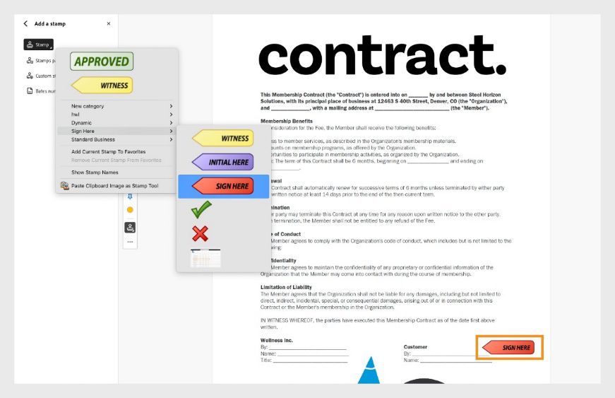 Interface ng Adobe Acrobat na nagpapakita ng PDF na may pamagat na &quot;Contract&quot; na may bukas na Stamp tool at nakikitang &quot;Sign Here&quot; na stamp na nakalagay sa dokumento.