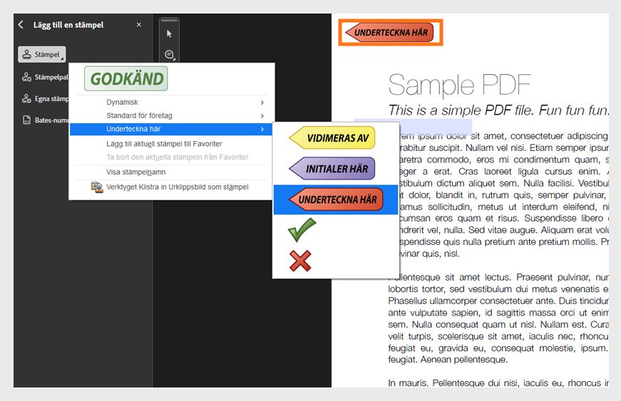 Adobe Acrobat-gränssnittet visar en PDF med titeln &quot;Contract&quot; med stämpelverktyget öppet och en synlig &quot;Sign Here&quot;-stämpel placerad på dokumentet.