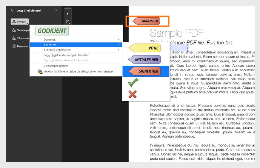 Adobe Acrobat-grensesnittet viser en PDF med tittelen &quot;Kontrakt&quot; med Stempel-verktøyet åpent og et synlig &quot;Signer her&quot;-stempel plassert på dokumentet.