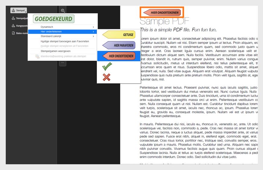 Adobe Acrobat-interface met een PDF met de titel &quot;Contract&quot; met het Stempelgereedschap geopend en een zichtbare &quot;Hier tekenen&quot;-Stempel op het document geplaatst.