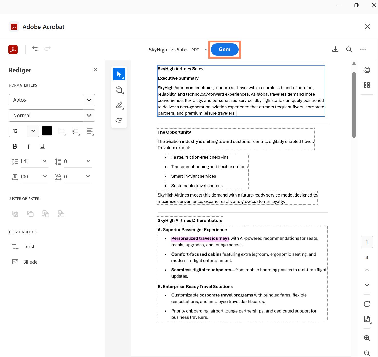 Adobe Acrobat interface, der viser et dokument åbent i redigeringstilstand med knappen Gem fremhævet øverst.
