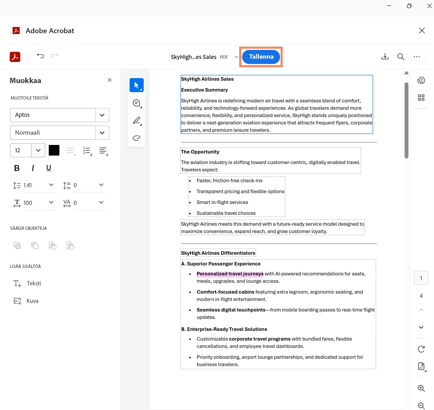 Adobe Acrobat -käyttöliittymä, jossa asiakirja on avoinna muokkaustilassa ja Tallenna-painike on korostettuna yläosassa.