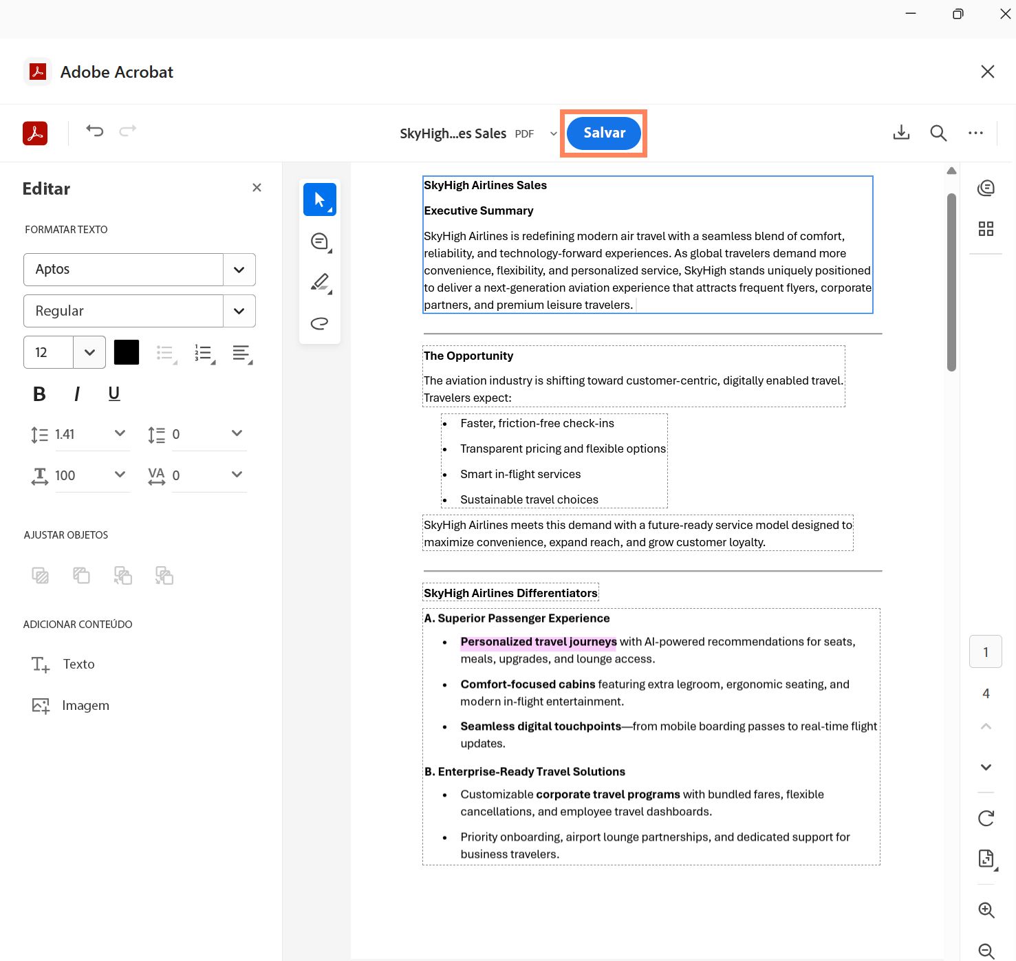 Interface do Adobe Acrobat mostrando um documento aberto no modo de edição com o botão Salvar destacado na parte superior.